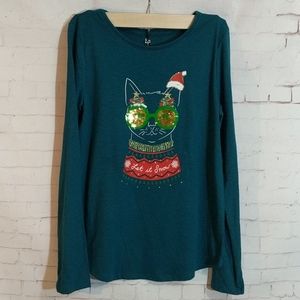 SO Christmas Flip Sequin Cat Shirt New!